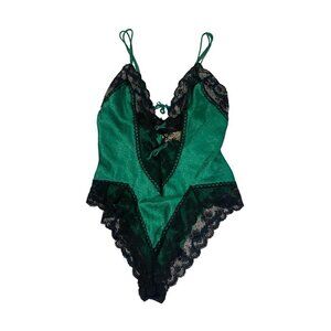 Vintage Victoria Secret GOLD LABEL Emerald Green & Black Lace Teddy - Large